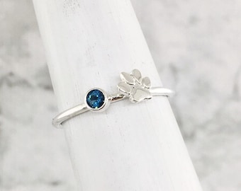 December Birthstone Ring, Paw Print Ring, Blue Gemstone Ring, Keepsake Ring