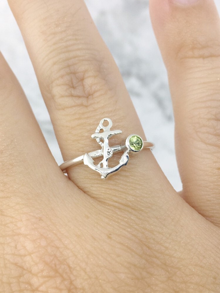 August Birthstone Ring Womens Anchor Ring Green Stone Ring Boat
