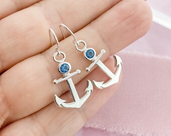 Sterling Silver Anchor Earrings with a Birthstone, Anchor Wedding Jewelry, December Birthstone, Nautical Earrings, Something Blue