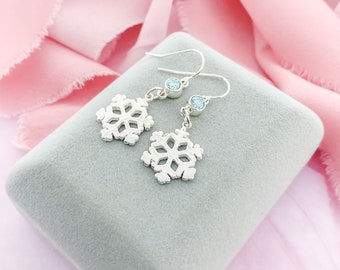 March Birthstone Silver Snowflake Dangle Earrings for Her, Blue Birthstone Dangle Earrings,