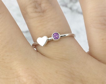 February Birthstone Ring with a Heart, Silver Heart Ring, Promise Ring with a Birthstone