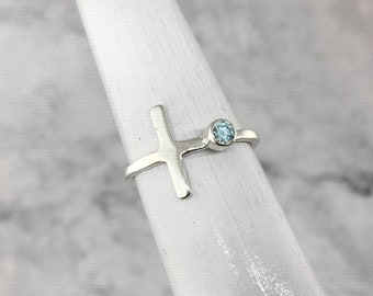 Stacking Cross Ring, Gemstone Ring, Something Blue Ring, New Bride Gift
