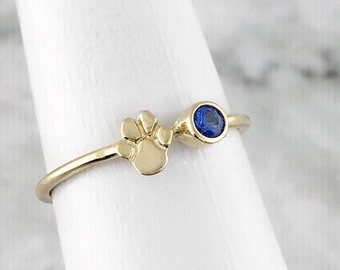 Paw Print Ring, September Birthstone Ring, Sapphire Ring, Blue Stone Ring, Genuine Gold Ring