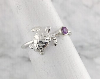 February Birthstone Ring with a Sea Turtle, Sterling Silver Turtle Ring with a Birthstone, Turtle Jewelry for Her