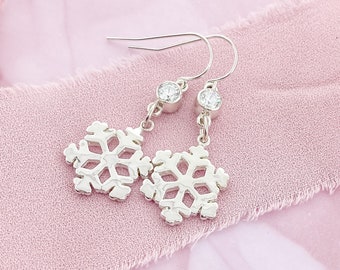 Sterling Silver April Birthstone Snowflake Dangle Earrings for Her, White Birthstone Dangle Earrings,