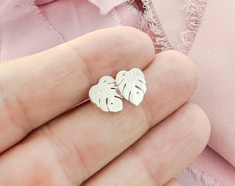 Sterling Silver Monstera Leaf Stud Earrings • Tropical Botanical Jewelry • Gift for Plant Lover
