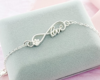 Sterling Silver Puppy Dog Paw Print Bracelet, Love Infinity Bracelet,  Gift For Pet Owner