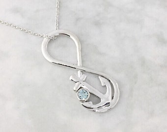 Anchor Necklace Birthstone, Anchor Wedding Jewelry, Anchor Necklace, March Birthstone Pendant, Nautical Jewelry, Something Blue