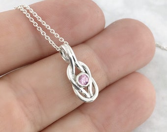 June Birthstone Jewelry For Her, Pink Gemstone Pendant For Mom, Sterling Silver Knot Necklace, Sterling Silver Birthstone Necklace, 500