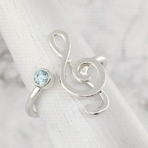 March Birthstone Ring, Silver Music Note Ring, Treble Clef Ring, Music Lover Gift, Blue Gemstone Ring