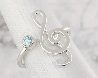 March Birthstone Ring, Silver Music Note Ring, Treble Clef Ring, Music Lover Gift, Blue Gemstone Ring