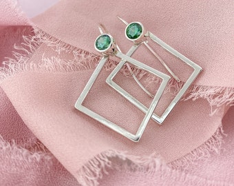 Silver Square Hoop Earrings, May Birthstone Earrings Dangle, Green Birthstone