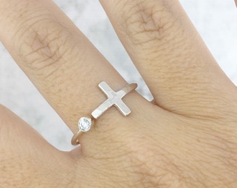 Cross Silver Ring, Sterling Silver April Birthstone Ring, Inspirational Ring, Christian Ring