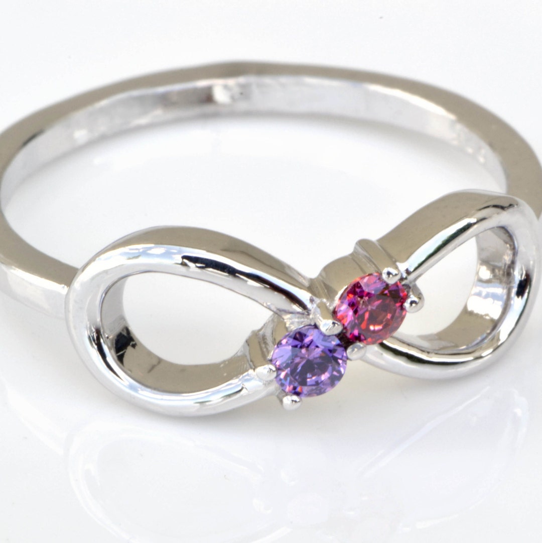 10k White Gold Birthstone Infinity Ring – Mix & Match Dual CZ Stone Customizable Ring | Mother's Personalized Jewelry