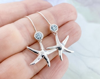 Sterling Silver Starfish Birthstone Earrings, Birthstone Dangle Earring for Women, Blue Birthstone