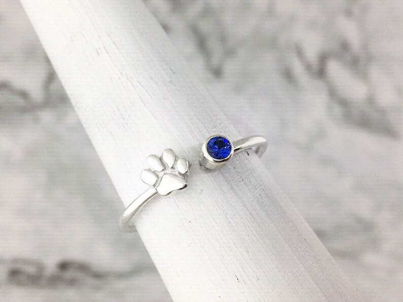 February Birthstone Ring with a Paw Print Detail, Sterling Silver Personalized Gift for Pet Lovers September