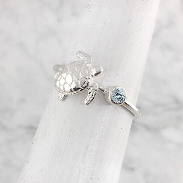 Sea Turtle Ring, March Birthstone Ring, Something Blue Gift, Blue Stone Ring