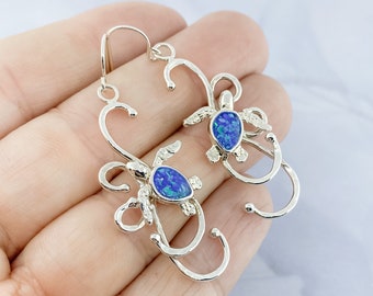 Sea Turtle Earrings, Sterling Silver Opal Inlay Earrings, Blue Opal Inlay Jewelry