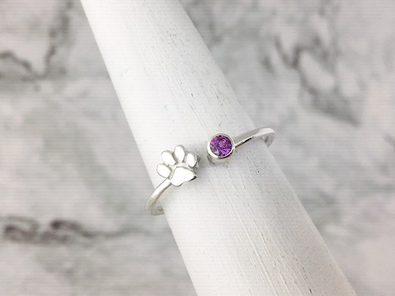 February Birthstone Ring with a Paw Print Detail, Sterling Silver Personalized Gift for Pet Lovers February