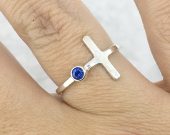 Cross Ring, September Birthstone Ring, Promise Ring, Something Blue Gemstone Ring, Christian Jewelry