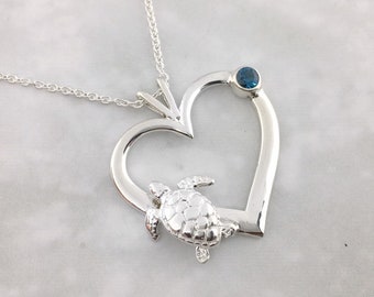 December Birthstone Pendant, Turtle Heart Pendant, Birthstone Jewelry, Sea Turtle Jewelry, Blue Gemstone, 2