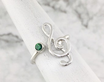 Treble Clef Ring, May Birthstone Ring, Silver Musical Note Ring, Music Ring, Music Lover Gift, Green Gemstone Ring