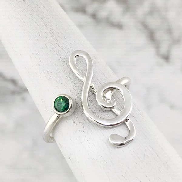 Treble Clef Ring, May Birthstone Ring, Silver Musical Note Ring, Music Ring, Music Lover Gift, Green Gemstone Ring