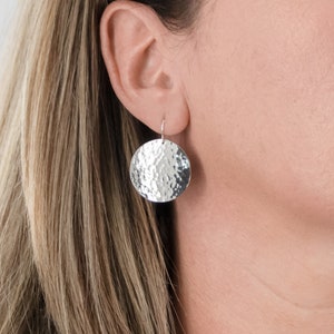 Sterling Silver Hammered Disk Earrings, Handmade Silver Disk Jewelry