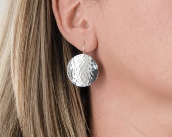 Sterling Silver Hammered Disk Earrings, Handmade Silver Disk Jewelry