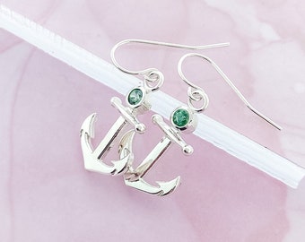 Sterling Silver May Birthstone Anchor Earrings, Anchor Wedding Jewelry, Nautical Dangle Earrings