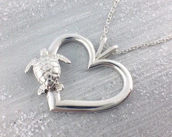 Sea Turtle Necklace, Sea Turtle Pendant, Heart Pendant, Beach Jewelry, Sea Turtle Jewelry, Silver Turtle, Love Turtles,  310