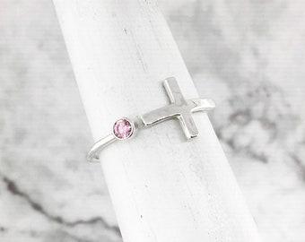 Cross Ring, June Birthstone Ring, Pink Stone Ring, Push Present