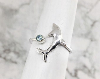 Silver Dolphin Ring, March Birthstone Ring, Dolphin Jewelry, Sterling Silver Ring