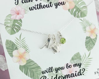 Sterling Silver Bridesmaid Proposal Gift, Sea Turtle Jewelry with a Gift Box, Birthstone Charm Necklace, Silver Initial Necklace