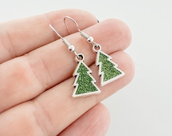 Green Resin Christmas Tree Earrings – Festive Holiday Jewelry, Lightweight Dangle Earrings, Sterling Silver Hooks, Christmas Gift for Her