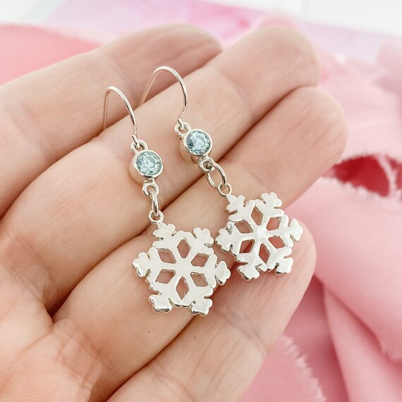 March Birthstone Silver Snowflake Dangle Earrings for Her Blue