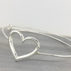 Heart Bangle Bracelet, Sterling Silver Heart Bracelet, Adjustable Bangle Bracelet, Heart Jewelry, Bridesmaid Gift,