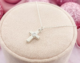 Sterling Silver Cross Pendant with a Birthstone, Inspirational Jewelry, Silver Cross Necklace
