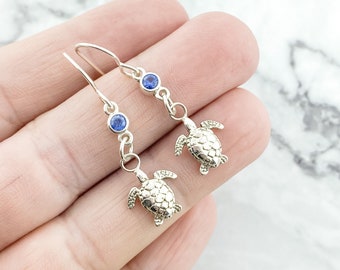September Birthstone Drop Earrings for Her, Sterling Silver Sea Turtle Dangle Earrings, Blue Birthstone Jewelry, September Birthday Gift