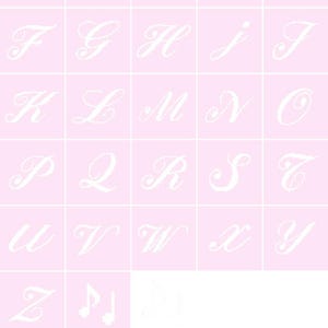 May include: A pink grid displays the alphabet in a white, elegant cursive font. Each letter is in a separate square. The image includes musical notes and a blank space at the bottom.