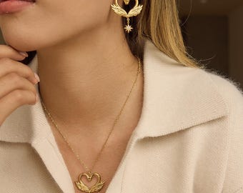 Set composto da collana e orecchini in oro con doppio cigno, cuore e stella - Elegante ciondolo a forma di uccello, gioielli romantici, stile Grandmillennial