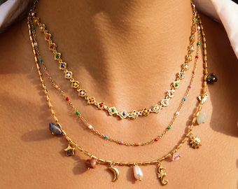 Collana e bracciale con catena di fiori in smalto, acciaio inossidabile placcato oro 18 carati, fiori arcobaleno, delicata catena di fiori, regalo