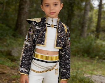 Costume da cacciatrice di demoni K-pop Rumi, nero, bianco e oro, per bambine, 3 pezzi, completo da pop star coreana, abbigliamento da ballo per feste di compleanno per bambini