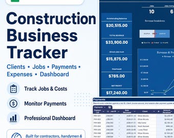 Construction Business Tracker | Contractor Spreadsheet | Job Cost Estimator | Revenue & Profit Dashboard