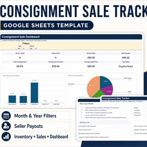 K&ouml;nnte beinhalten: Eine Google Sheets-Vorlage zur Verfolgung von Konsignationsverk&auml;ufen. Das Dashboard zeigt Verkaufsdaten, einschlie&szlig;lich verkaufter Artikel, Brutto- und Nettoerl&ouml;se. Mit Monats- und Jahresfiltern, Auszahlungen an Verk&auml;ufer und Inventar.