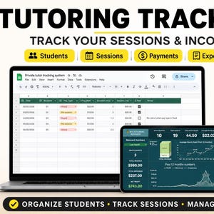 Puede incluir: Un portátil y una tableta muestran una interfaz de seguimiento de tutorías. El título dice "TUTORING TRACKER" con el subtítulo "TRACK YOUR SESSIONS & INCOME". Los iconos representan estudiantes, sesiones, pagos y gastos. La interfaz incluye la integración de Google Sheets.