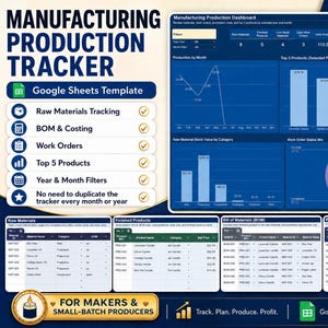 Könnte beinhalten: Eine Google Sheets-Vorlage zur Verfolgung der Fertigungsproduktion mit einem Dashboard, das Diagramme, Grafiken und Datentabellen für Rohmaterialien, Stücklisten, Arbeitsaufträge und die Verfolgung der Produktleistung enthält.