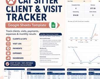 Cat Sitter Client & Visit Tracker, Google Sheets Template, Payments Expenses Dashboard
