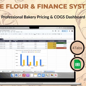 May include: A laptop displaying a spreadsheet titled "The Flour & Finance System" with "Professional Bakery Pricing & COGS Dashboard" text. The screen shows data tables and a bar graph. A green spreadsheet icon and a circle with "4Tabs" are on the right.