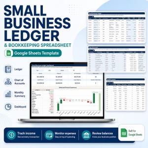 May include: A digital small business ledger and bookkeeping spreadsheet template for Google Sheets. The interface displays a dashboard with financial summaries, income, expenses, net movement, and transaction data, alongside charts and tables.
